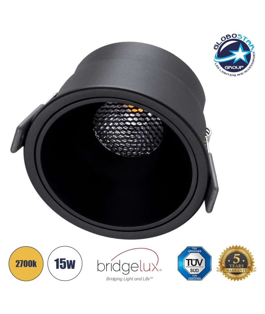 GLOBOSTAR® PLUTO-B 60263 Χωνευτό Downlight Σποτ με Honeycomb Anti Glare Reflector LED 15W 1875lm 38° AC 220-240V IP20 Θερμό Λευκό 2700K - Bridgelux COB Chip & TÜV SÜD Driver - Μαύρο Ματ - Μ10.4 x Π10.4 x Υ6.5cm - Q9.5cm - 5 Χρόνια Εγγύηση